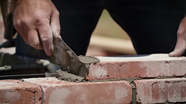 Close up of mason laying bricks with trowel, building a strong wall structure