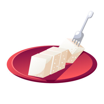 a plate with pieces of ketupat that have been cut and are about to be eaten, a fork with a piece of ketupat that is lifted up
