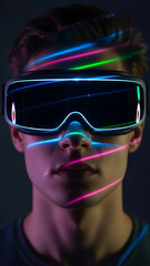 Vertical portrait of a person using a VR headset with neon light reflections