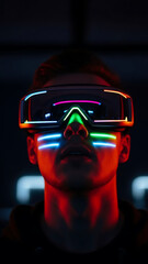 Vertical portrait of a person using a VR headset with neon light reflections