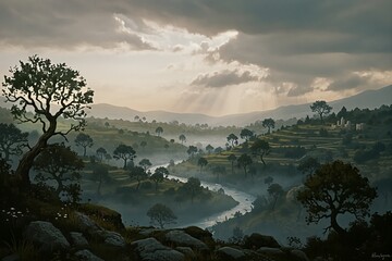 Misty valley river winding through forested hills under a dramatic sky with sun rays breaking through the clouds and ancient ruins in the distance.