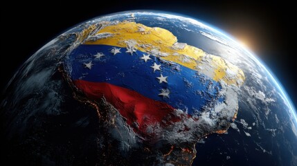 Venezuelan flag displayed over geographic map during sunset in space view