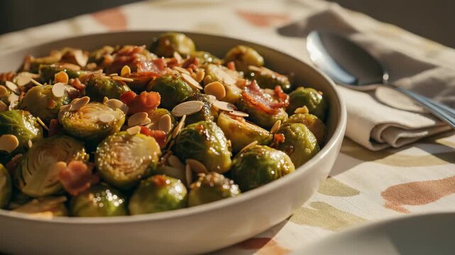 Roasted brussels sprouts with crispy bacon and sliced almonds in a ceramic serving bowl. A delicious and healthy side dish for holiday dinners or gourmet meals, presented with warm light