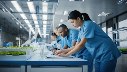 Diverse Scientists Working in Modern Laboratory with Plants and Advanced Equipment.