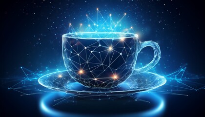 coffee cup tea cup polygonal image in the form of a starry sky or space consisting of points lines and shapes in the form of stars with destruct shapes