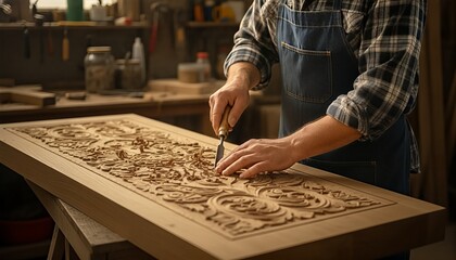 Craftsman's hands meticulously carve intricate patterns into a wooden panel with a sharp chisel, creating beautiful decorative art in a traditional workshop.