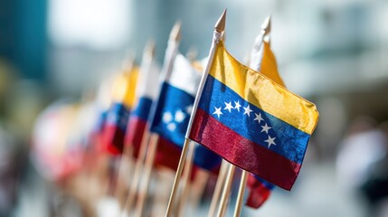 Display of Venezuelan flags at an outdoor event celebrating national pride in a city setting