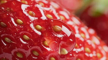 Extreme closeup macro shot revealing the intricate texture and vibrant red surface of a fresh ripe strawberry adorned with glistening water droplets highlighting its natural beauty and refreshing app.