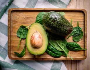halved avocado with seed spinach on wooden board showing vibrant greens and textured surfaces