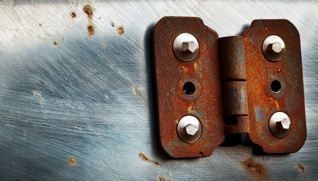 a rusted metal hinge attached with four screws to a scratched metal surface