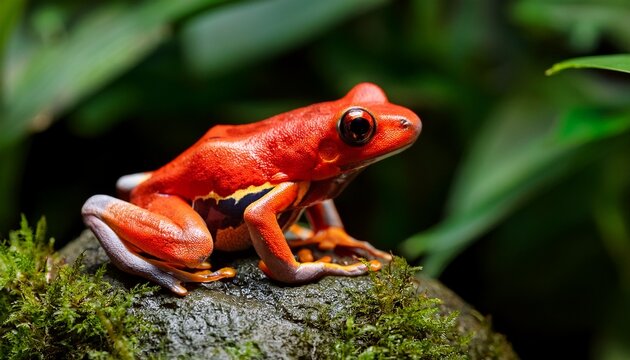 a vibrant red frog perched on a rock amidst lush greenery