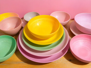 Collection of empty, colorful ceramic bowls and plates stacked on a pink background, creating a vibrant still life perfect for kitchen or dining decor