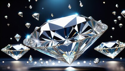 shiny clear diamonds sparkle and float in the air against a dark background this 3d image shows luxury riches and the jewelry business