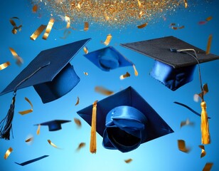 blue graduation caps tossed in air with gold confetti
