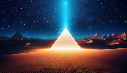 night sky starry desert landscape with glowing pyramid shaped light beam