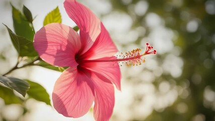 Close-up of a vibrant pink hibiscus flower in full bloom. Delicate petals and prominent stamen are beautifully highlighted. A symbol of tropical beauty and natural serenity