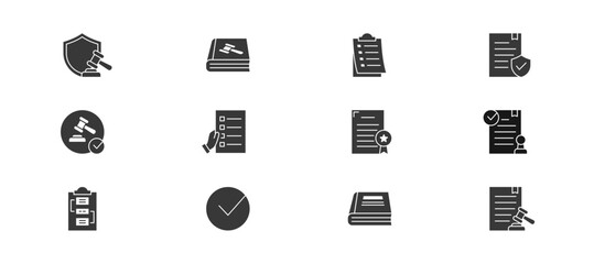 Law And Compliance icon set containing law, code of conduct, rules, policy, compliance, requirement, license, conform, procedures, verify, guideline, regulation vector icons