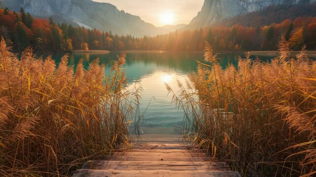 Golden reeds and vibrant autumn trees frame a serene mountain lake at sunset. A rustic wooden boardwalk invites peaceful contemplation of nature's beauty