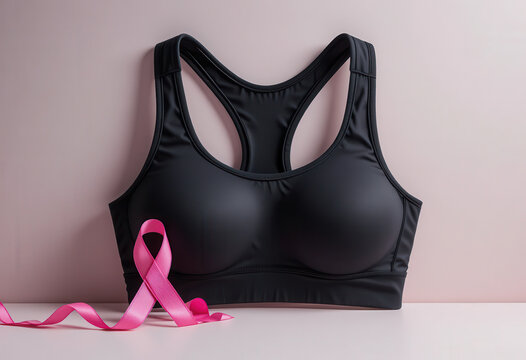 Black sports bra with pink ribbon symbol on soft background representing breast cancer awareness and women health concept with minimal composition
 - Powered by Adobe