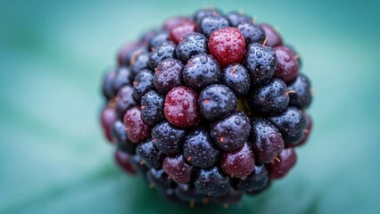 Close up of a ripe blackberry covered in water droplets