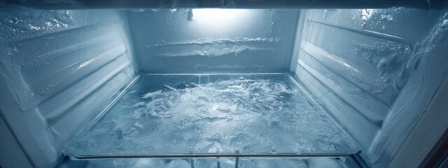 Frozen water and ice in an empty refrigerator during a cold winter day in a home kitchen