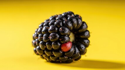 Close up of a ripe blackberry on a vibrant yellow background