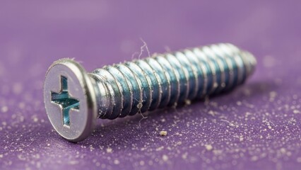 Close up of a silver screw on a purple surface detailed metalwork and texture