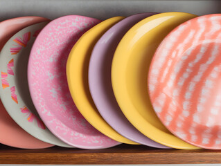 Collection of empty, colorful ceramic bowls and plates stacked on a pink background, creating a vibrant still life perfect for kitchen or dining decor