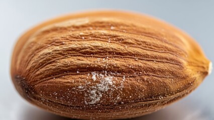 Close up of a single almond nut with textured surface and soft lighting