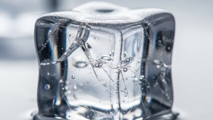 Close up of a single ice cube clear and transparent with internal fractures and bubbles on a light background