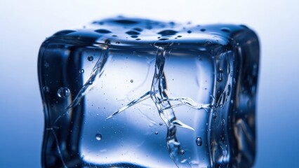 Close up of a single transparent ice cube with water droplets against a blue background perfect for refreshing beverage concepts and illustrative designs