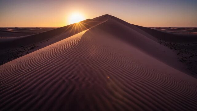 Golden hour illuminates vast desert dunes with dramatic light. Intricate sand ripples define the natural beauty of this arid landscape. A serene and powerful wilderness scene