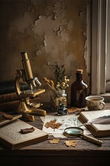 Vintage brass microscope, old books, and botanical illustrations are meticulously arranged on a rustic wooden desk, evoking a sense of historical scientific study and discovery.