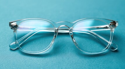 Clear glasses placed on a blue background showcasing their frame and lenses with no visible reflections or designs