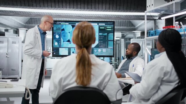 Senior scientist presenting new drug development findings to pharmaceutical team in lab. Expert pointing at large screen displaying cellular reaction during training meeting, camera B