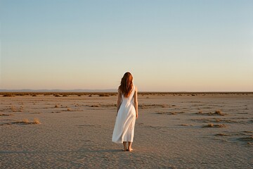 Woman with long red hair stands barefoot in a vast, dry desert landscape at sunset, gazing towards the distant horizon with a sense of freedom and contemplation.
