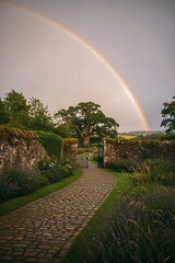 Winding cobblestone path leads through an open iron gate in a mossy stone wall, with a vibrant rainbow arching gracefully over a majestic oak tree and distant hills.