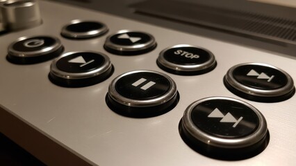 Close up of media control buttons on a brushed metal surface