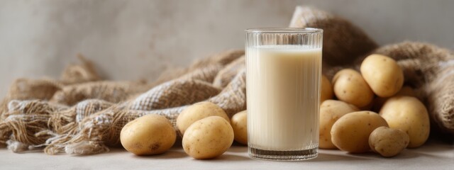 Fototapeta premium Glass of white liquid next to potatoes on a cloth surface with neutral background