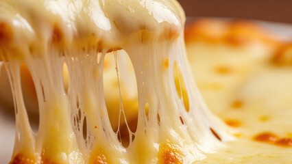 Close up of melted cheese on food with stringy texture and warm color palette
