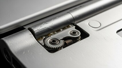 Close up of laptop hinge with metallic gears and springs engineering and technology concept
