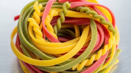 Close up of multicolored pasta arranged in a circular shape against a plain background