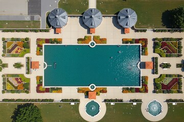 Swimming pool complex features vibrant gardens and elegant pavilions, offering a luxurious recreational escape on a bright sunny day.