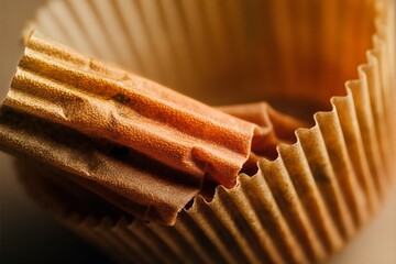 Crumpled paper cupcake liner reveals intricate textures and warm golden-brown hues under soft, directional lighting, emphasizing its delicate, corrugated structure.