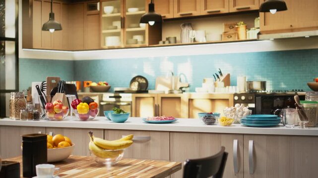 Rustic kitchen filled with fresh pizza ingredients on the countertop, including cheese, salami and pepperoni. Utensils and baking tools sit neatly arranged for homemade food preparation.
