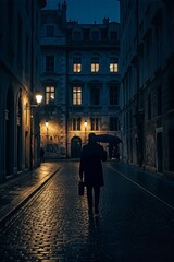 Person walks down a wet cobblestone street at night, holding an umbrella and briefcase, illuminated by the warm glow of streetlights and building windows.