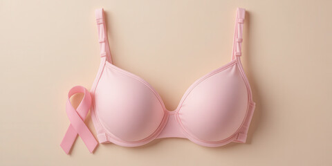 Pink bra with ribbon symbol on soft beige background representing breast cancer awareness, women health concept, minimal composition with copy space for campaign design
