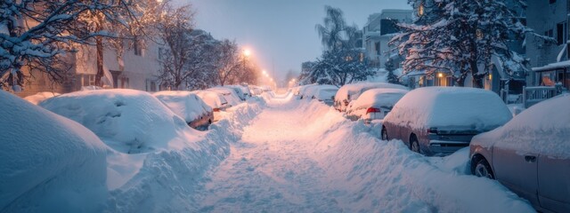 Heavy snowfall covers cars and streets in a residential area during the evening hours in winter