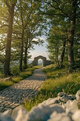 Stone path leads through ancient archway, inviting exploration into a sun-drenched forest with lush green trees and distant mountains.