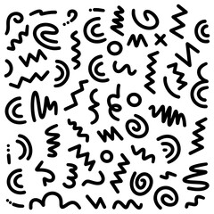 Abstract hand drawn doodle seamless pattern with black squiggles and shapes